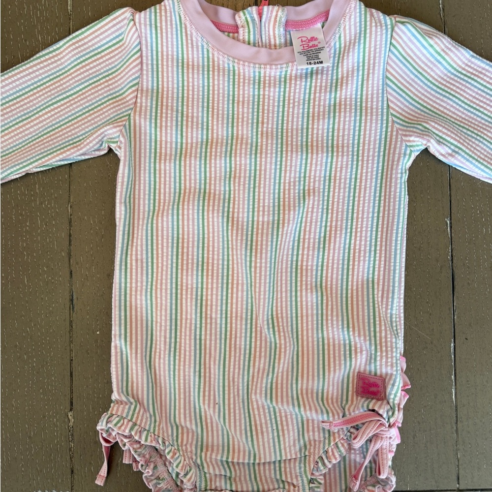 Ruffle Butts Girls’ Pink Pastel Seersucker Long-Sleeve Swimsuit • Size: 18-24M - Picture 5 of 10